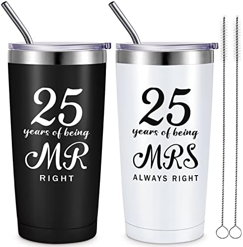 Cunhill 2 Pcs Mr. Right Mrs. Always Right Travel Tumbler Set 20 oz Wedding Engagement Anniversary Travel Mug for Husband Wife Newlywed Couples Bride Groom Anniversary(25th Tumbler)
