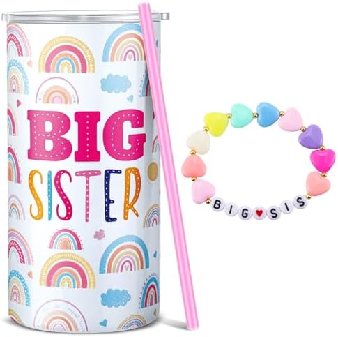 Maxcheck 2 Pcs Big Sister Gift 12 oz Pink Big Sister Cup Stainless Steel Tumbler with Leak Proof Lid and Straw Baby Mug Bracelet Announcement Jewelry for Little Girl Toddler