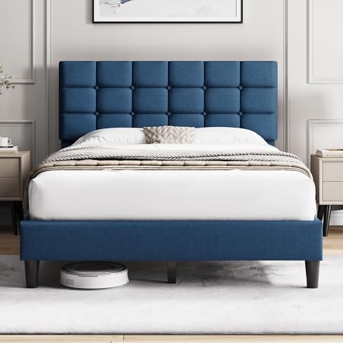 Yaheetech Upholstered Bed Frame, Modern Full Bed Platform with Square Stitched&Button Tufting Headboard Height Adjustable, Wooden Slats Support, No Box Spring Needed, Full Size, Navy Blue