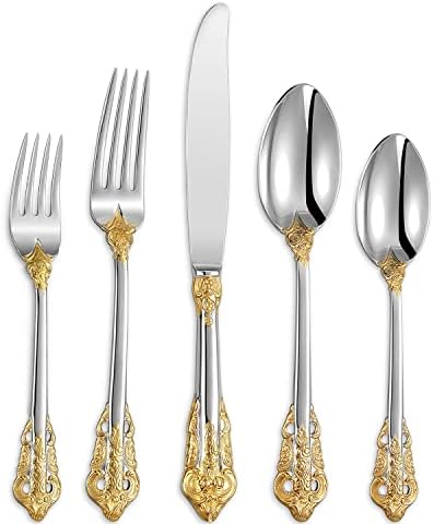 KEAWELL Luxury 20 Pieces 18/10 Stainless Steel Flatware set, Service for 4, silver plated with gold accents, Fine Silverware set and Dishwasher Safe (Gold Accent)