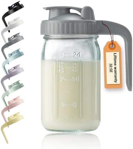 32oz Glass Pitcher with Lid & V-shaped Pour Spout - 1 Quart Breastmilk Pitcher Double Leak Proof, Creamer Container for Sun Tea, Juice, Cold Brew Coffee, Breastmilk Storage Container