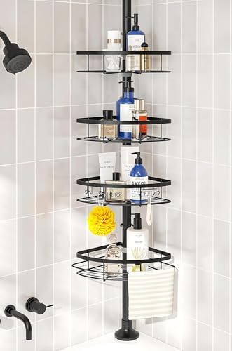SEIRIONE Corner Shower Caddy Tension Pole, Rustproof Bathroom Shower Organizer Corner, 4-Tier Adjustable Bathroom Shelf, Solid Rack Ideal for Bathtub Storage, 39.2 to 113 Inch Height, Black
