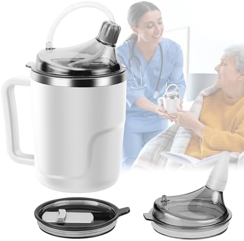 Adult Sippy Cup, 14oz Spill Proof Cup with Straw for Elderly, 3 in 1 Stainless Steel Sippy Cup with 2 Lids, No Spill Feeding Cups for Patient Disabled Maternity Drink Water Milk Soup - White