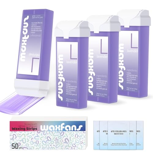 Roll On Wax Refill,Wax Roller Refill for Hair Removal.100% Natural Wax Cartridge Refill,Quick Melting - For Coarse and Fine Hairs.with 3.53 Ounce(Pack of 4) Lavender Wax Rollers, 50 Wax Strips