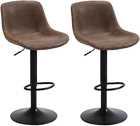 Bar Stools Set of 2, Swivel Counter Height Barstools with Back, Adjustable Modern Bar Chairs, Tall Armless PU Leather Kitchen Island Stool, Brown