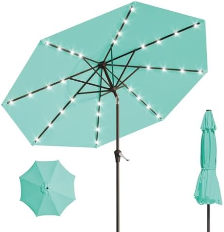 9FT Solar Umbrella 32 LED Lighted Patio Umbrella Table Market Umbrella w/Tilt and Crank Outdoor Umbrellas for Garden, Deck, Backyard, Pool and Beach, Cerulean