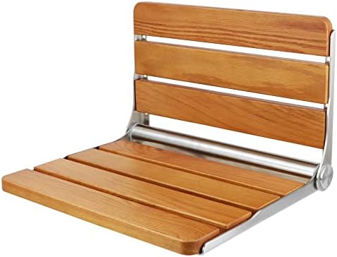16" Teak Folding Shower Seat Wall Mounted, Foldable Shower Bench, 400lbs Max Load, Space-Saving Fold Down Design for Seniors, Elderly & Small Shower Spaces