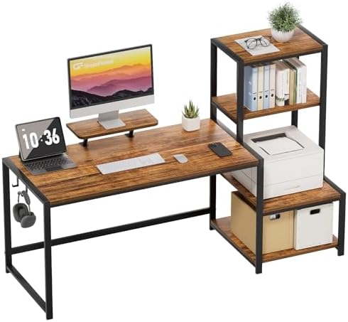 GreenForest Computer Desk 58 inch with Printer Shelf, Reversible Office Desk with Monitor Stand and 2 Hooks, Home Workstation for Study Writing Working Gaming, Brown