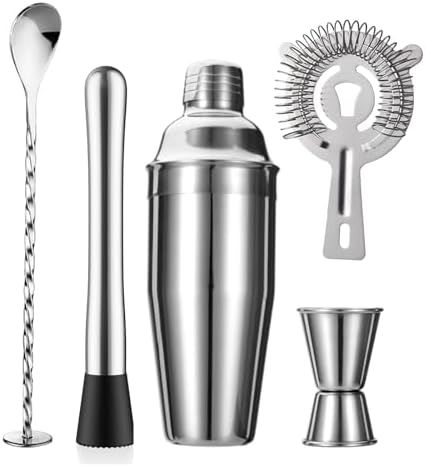 5-Piece Cocktail Shaker Set Shaker Strainer Jigger T-Mixing Spoon Muddler Bartender Kit Stainless Steel Bar Set Housewarming Gift