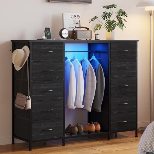 LUMTOK 55" W 2-in-1 Dresser with Hanging Rack, 10 Drawers Dresser for Bedroom,Dressers with Fabric Drawers,LED Lights, Charging Station and Hanging Racks for Bedroom