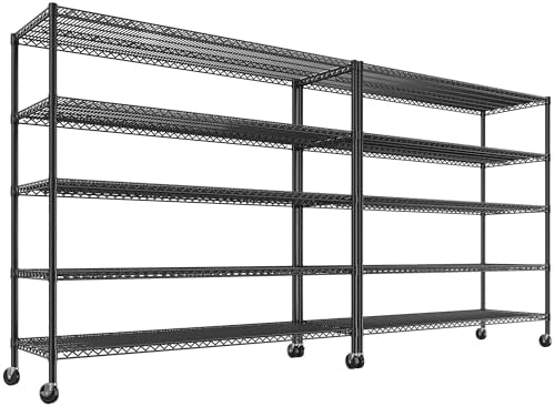 REIBII 85.7" H Storage Shelves 2998LBS Metal Shelving Unit with Wheels & Feet, 5 Tier Garage Shelving Heavy Duty Adjustable Wire Shelf for Pantry Kitchen Garage, 85.7" H X 55.5" W X 24.2" D, 2PCS