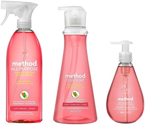 Method Naturally Derived Kitchen Essentials Bundle, Pink Grapefruit: Hand Soap 12 oz, Dish Soap 18 oz. & Surface Cleaner 28 oz.