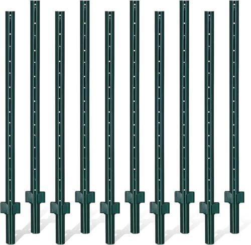 Gtongoko 4.8 Feet Sturdy Duty Metal Fence Post, Pack of 10, U Post for Fencing Green T Posts for Garden Yard and Outdoor Wire