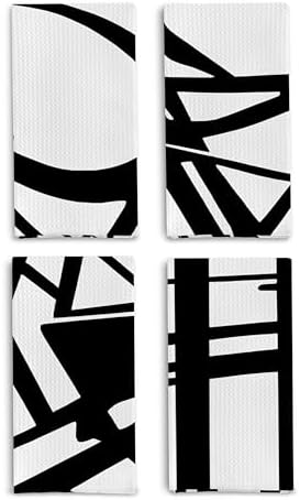 Abstract Black and White Kitchen Dish Towels Set of 4 - Mid Century Modern Black and White Decorative Hand Towels for Bathroom Kitchen, Modern Home Decor, 16x24 Inches