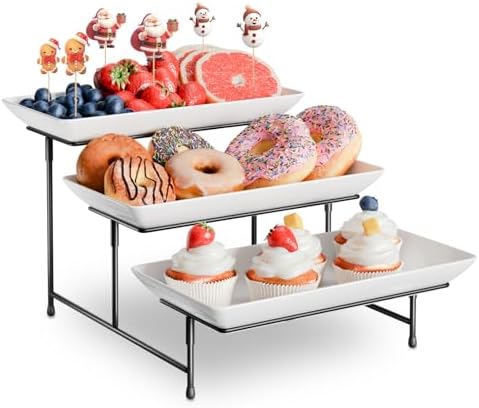 3 Tier Plastic Serving Tray for Party, 11.5" x 5.6" Platters for Serving Food, Microwave-Safe, White Reusable Trays with Black Metal Display Stand for Cupcakes, Sevring Food, Dessert, Fruit, Black