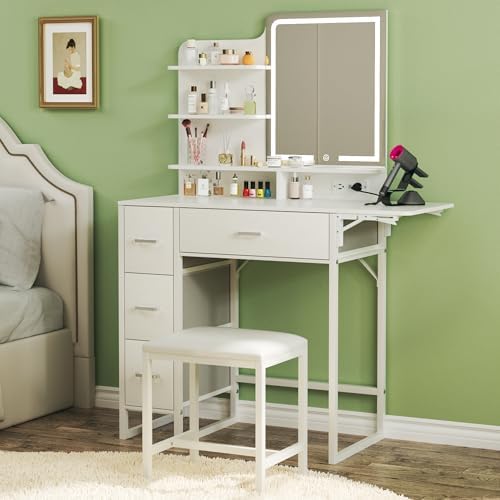 Makeup Vanity Desk with Mirror and Lights, 36.6" Small Makeup Vanity with 4 Fabric Storage Drawer & Chair & Shelves, White Vanity with Fold-up Panel and Power Outlet for Bedroom