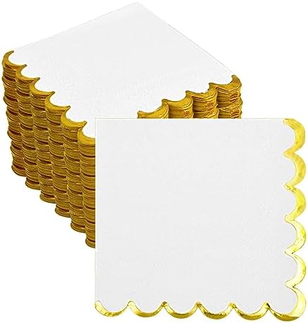 200 Pack White and Gold Paper Napkins Scalloped Cocktail Napkins White Disposable Beverage Napkins for Birthday Baby Shower Wedding Party Supplies Dinnerware Tableware Decorations