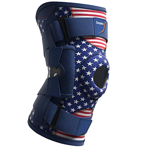 Omples Hinged Knee Brace for Knee Pain Knee Braces for Meniscus Tear Knee Support with Side Stabilizers for Women and Men Patella Knee Brace for Arthritis Pain Working Out Running American Flag (Medium)