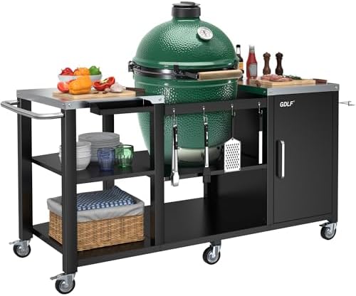 GDLF Grill Table for Big Green Egg Style BBQ, Heavy Duty Metal Outdoor Grill Station Prep Table with Storage,Compatible with Large Big Green Egg,Kamado Joe Classic