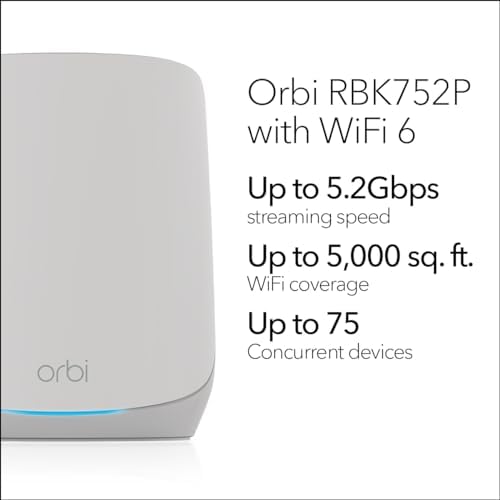 NETGEAR Orbi Whole Home Tri-Band WiFi 6 Mesh Network System (RBK752P) – Router with 1 Satellite Extender, Security Features, Coverage up to 5,000 sq. ft., 75 Devices, AX5200 802.11ax (Up to 5.2Gbps)