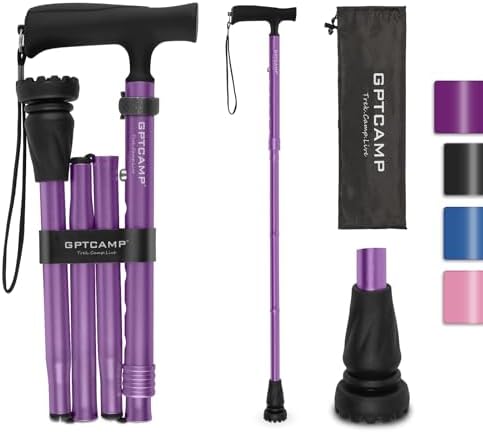 GPTCAMP G2 Walking Stick, Fold-up Walking Cane for Women and Men with Wrist Strap, Portable, Foldable, Collapsible, Lightweight and Sturdy with Comfortable T Handle