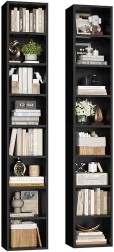FOTOSOK 2 Pcs 71'' Tall Narrow Bookshelf, 8-Tier Media Tower Rack Set of 2, CD DVD Storage Cabinet with Adjustable Shelves, Tall Narrow Bookcase Skinny Display Bookshelf Slim Shelf, Black