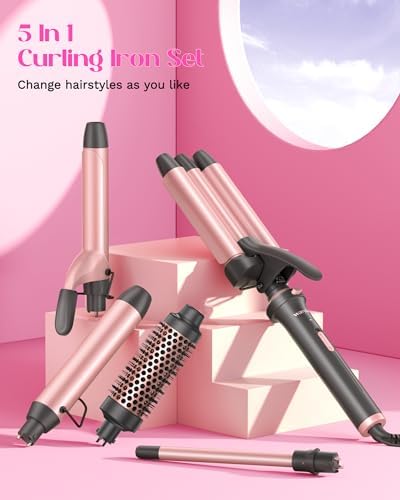 Wavytalk 5 in 1 Curling Wand Set, Dual Voltage Curling Iron Set with 5 Interchangeable Barrels Included A Thermal Brush, A Hair Crimper and 3 Ceramic Curling Wands(0.5"-1.25"), Rose Pink