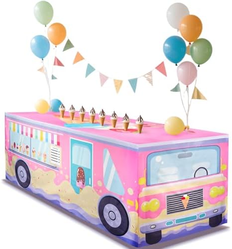 4FT Ice Cream Truck Tablecloth ，Ice Cream Birthday Party Decor for Baby Shower Sweet One Birthday Donut Themed Party Supplies