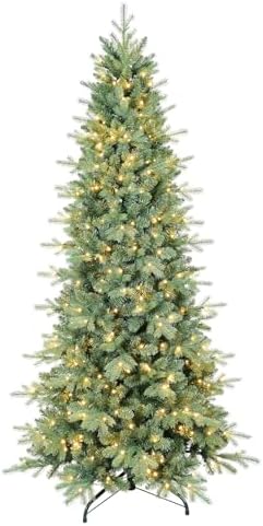 7 FT Prelit Artificial Skinny Christmas Tree,Blue Spruce Slim Pencil Xmas Tree with 1552 PE&PVC Mixed Branch Tips and 400 UL Listed Clear Lights,Hinged Pine Tree with Metal Stand for Home Office DÃ©cor