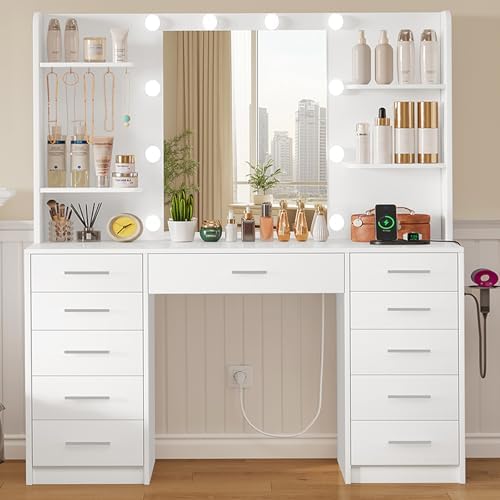Quimoo 47.2" Large Vanity Desk with Mirror and Lights, Makeup Vanity with 11 Drawers & 6 Open Shelves, 3 Color Modes & Adjustable Brightness, White Vanity for Girls