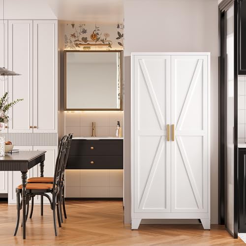 Large Metal Kitchen Pantry Cabinet with Adjustable Shelves - Freestanding Kitchen Storage Cabinet for Dining Room,Livingroom Bathroom, Hallway, Workshop, Office (White, 61"- 0 Drawer)