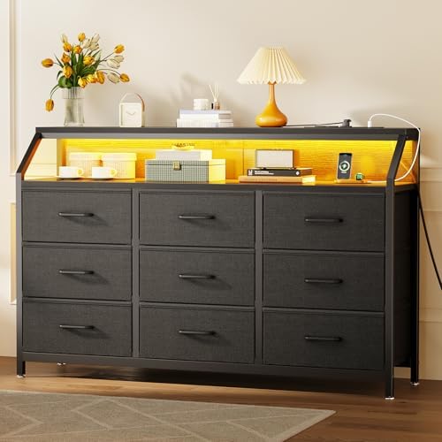 KKL 55" Wide 9-Drawer Dresser for Bedroom with LED Lights and Charging Station, Fabric Dressers & Storage Chest of Drawers with Shelves for Closet, Black