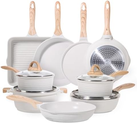 JEETEE 23pcs Pots and Pans Set Non Stick, White Cookware Sets for Kitchen, w/Frying Pans, Saucepans, Sauté & Griddle & Crepe Pan, Induction Cooking Pots (PFOA/PFAS/PFOS Free)
