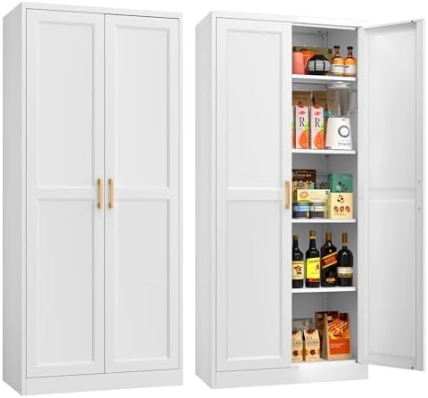 71" Tall Metal Storage Cabinet, Kitchen Pantry Storage Cabinets with Doors and 4 Shelves, White Pantry Cabinet, Utility Kitchen Cupboard, Large Steel Cabinets for Dining Room, Office, Living Room