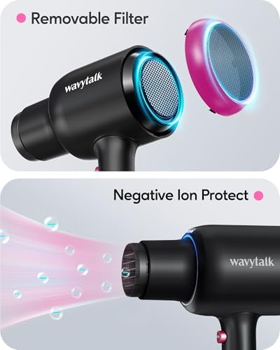 Wavytalk Hair Dryer with Diffuser, Blown Away Ionic Hair Dryer for Curly Hair with Comb, 1875W Fast Drying Blow Dryer with Ceramic Technology, 3 Attachments for All Hair Types, Light and Quiet, Black