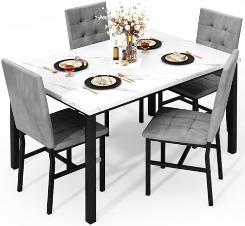 AWQM Dining Table Set for 4,Faux Marble Kitchen Table and Chairs Set of 4, Modern Dining Room Set for 4,Dinner Table Set with Velvet Chairs, Dining Set for Small Spaces,White & Grey