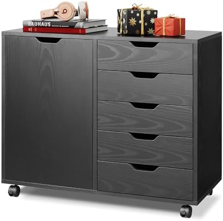 DEVAISE 5-Drawer Wood Dresser Chest with Door, Mobile Storage Cabinet, Printer Stand for Home Office, Black