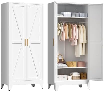 71" Tall Metal Wardrobe Closet with Adjustable Shelves and Hanging Rod, 2 Doors Free Standing Armoire Wardrobe Cabinet for Bedroom, Office, Laundry Room, White