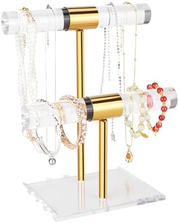Necklace Holder Bracelet Holder, 2-Tier Acrylic Jewelry Display Stand Gold Jewelry Tower Stand Crystal T Bar Jewelry Organizer Gift for Women(2-Tier 1pc)