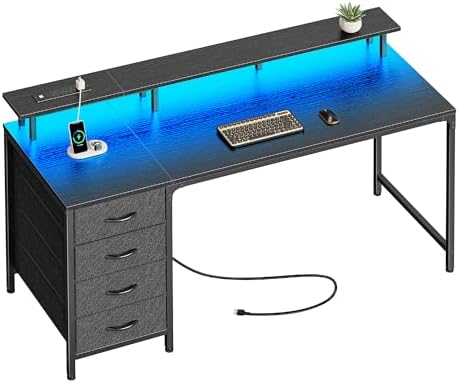 Huuger 55 Inch Computer Desk with Power Outlets and LED Lights, Gaming Desk with 4 Drawers, Office Desk with Monitor Stand, Study Work Home Office, Black