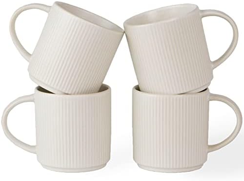 famiware Coffee Mug Set for 4, Star 12 oz Catering Mugs Cup Set with Handle for Coffee, Tea, Cocoa, Milk - Ceramic Stoneware Drinkware Set, Matte White