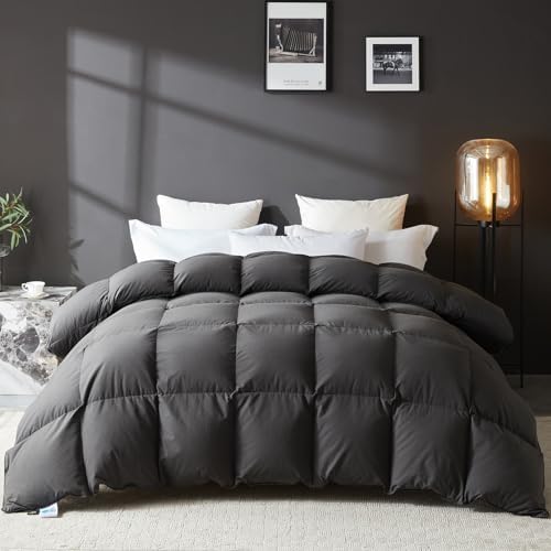 L LOVSOUL Goose Feather Down Fiber Comforter King Size, 100% Organic Cotton Fabric Duvet Insert,1200TC,750+FP, Hotel Collection, All Season Grey Bedding Comforters with 8 Tabs,84oz