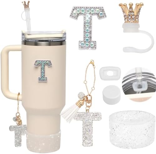 6Pcs Stanley Cup Accessories Set - Giltter Letter Charm for Cup Handle, Silicone Straw Cover, Diamond Letter Sticker, Sparkly Silicone Boot, Spill Proof Stopper for Tumbler 40Oz 30Oz T