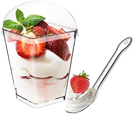 100 Pack 5 oz Dessert Cups with Lids and Spoons, Tall Appetizer Cups Clear Plastic Parfait Cups, Dessert Shot Glasses for Baby Shower Party, Wedding, Birthday Party
