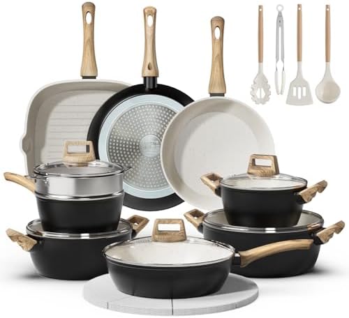 24 Pcs Pots and Pans Set Non Stick Ceramic Cookware Set with 3 Stockpots, White Interior Black Exterior, Healthy Non-Toxic, Large Capacity, Induction Compatible, PFAS/PTFE/PFOA Free