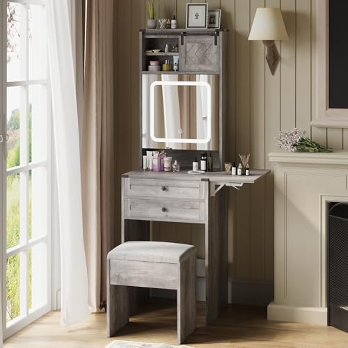 ARTETHYS Farmhouse Small Vanity Desk Set with Mirror Cabinet Compact Makeup Vanities Set with 3 Adjustable Lights and Storage Chair for Compact Space, Gray Dressing Table with Fold-up Panel