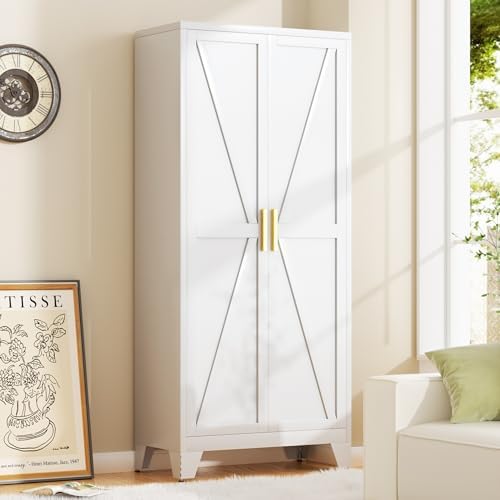 71H Tall Metal Storage Cabinet with 2 Doors and 5 Shelves,Farmhouse Storage Cabinet with Barn Doors,Pantry Storage for Home,Office,Dining Room,Kitchen,Bathroom(White)