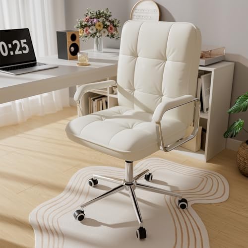 White Office Chair with Soft Leather, Swivel Computer Home Office Desk Chair with Wheels and Padded Arms, Adjustable Height and Tilt
