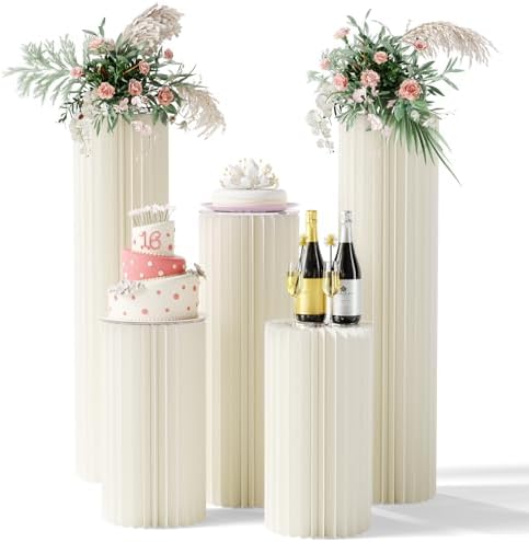 5 Pack Portable White Cylinder Stands for Party, 31.5", 23.6", 15.7" Height Foldable Cardboard Tall Cake Pedestal Stand Pillar Table Stand, cilindros para fiestas redondos blancos for Wedding Parties