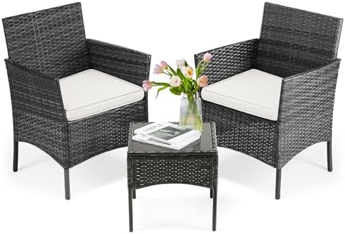 DUMOS Patio Furniture Set 3 Pieces, Outdoor Wicker Furniture with Coffee Table, Modern Rattan Patio Chairs Conversation Sets with Sofa for Garden, Terrace, Porch, Balconies, Lawns, Black